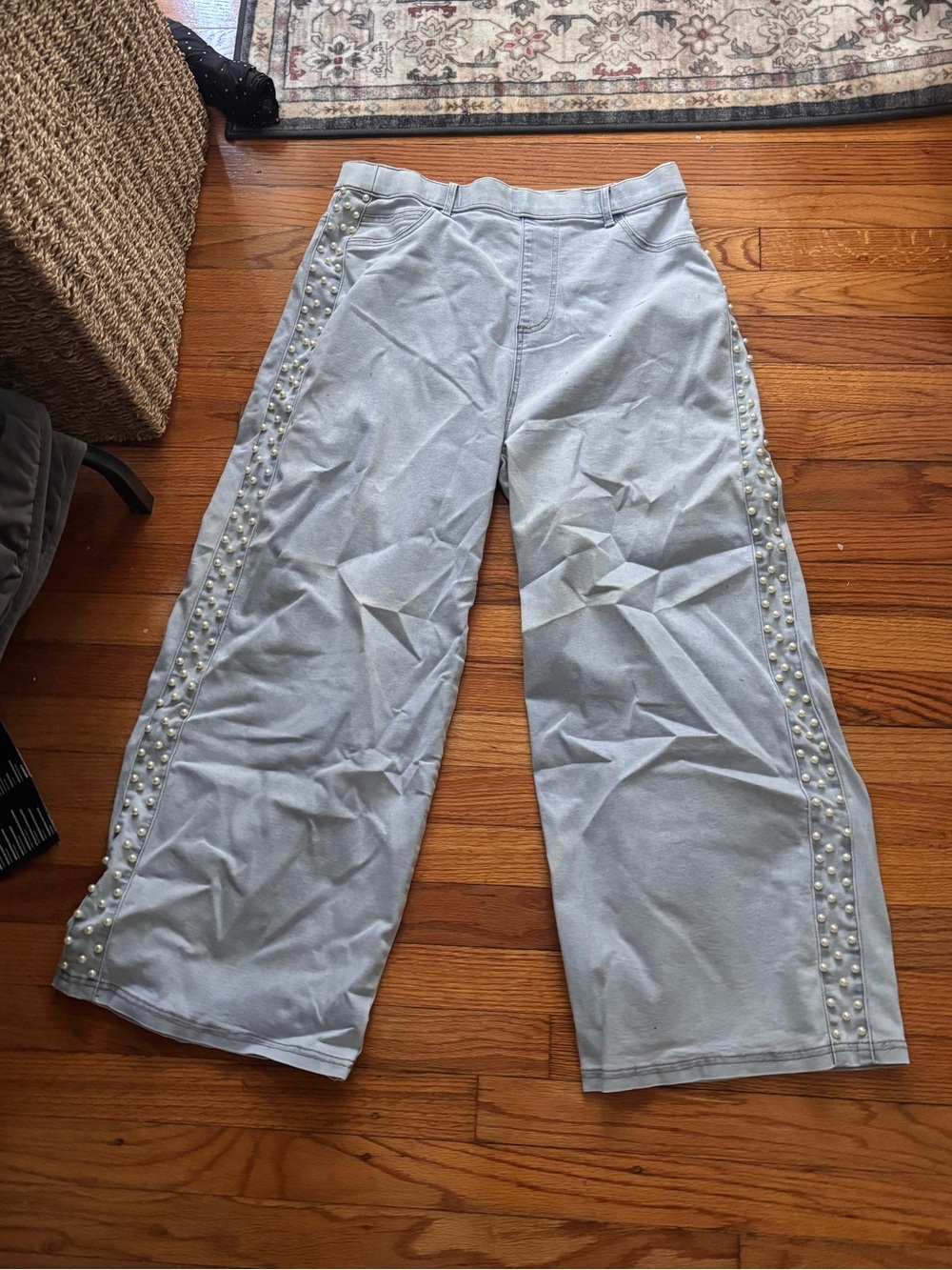 Anna & Ava Light Blue Denim Wide Leg Pants with Pearl Trim
